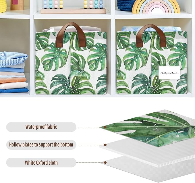 Green Tropical Leaves Spring Summer Leaf Storage Bins for Shelves with Labels&Handles Fabric Organizer Bin Foldable Rectangle Storage Basket Boxes for Closet, Bathroom, Home, Living Room