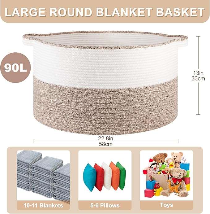 OIASKET Large Blanket Basket with Handles, 22.8" x 22.8" x 13" Woven Storage Basket for Living Room, Cotton Rope Baby Toy Storage for Clothes, Pillows, Towels-Brown & White