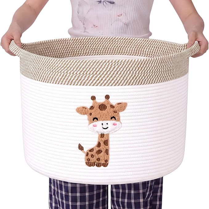 LemonRoad Extra Large Basket 20"x14", Woven Basket for Laundry Blanket Toy Box with Handle Storage, Blanket Storage for Living Room Nursery Pillows Chest(Cotton Rope,Cute Giraffe,Brown White)