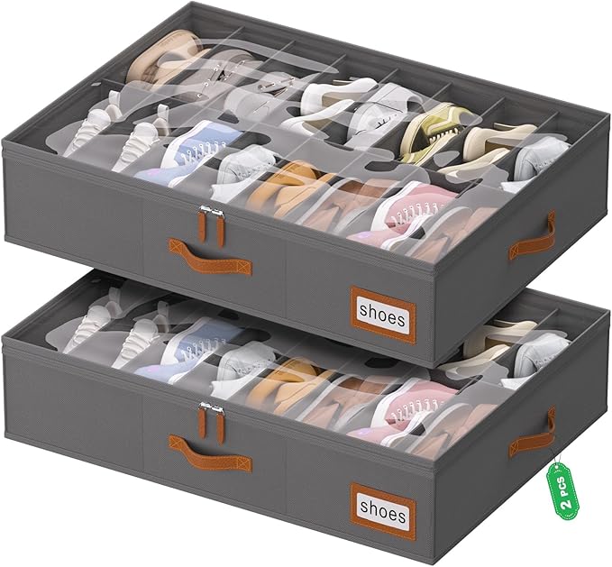Shoe Organizer Under Bed, Fits 32 Pairs, Under bed Shoe Storage Boxes with Study Handles and Clear Cover, zapateras organizer for shoes, set of 2