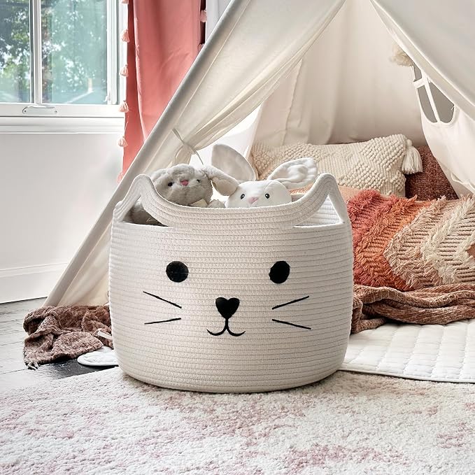 Large Woven Rope Cat Toy Basket with Cat Face Design, White | 15.7" x 11.8" Toy Bin & Box for Living Room Nursery, Baby Storage Basket for Towels, Blankets, with Sturdy Handles