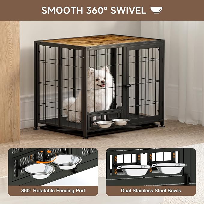 Heavy Duty Dog Crate for Small Dogs, 3 in 1 32.7" Foldable Collapsible Dog Kennel & Playpen with Lockable Wheels & Feeding Bowls, Escape-Proof Metal Dog Cage for Indoor Outdoor Use, Rustic Brown