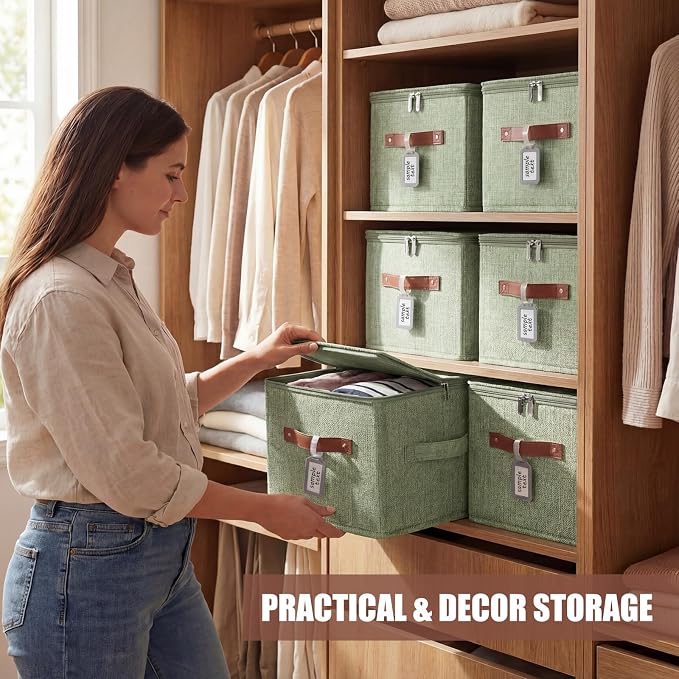 6 Pack Fabric Bins with Lids, 10 x 8 x 7 Inch Fabric Storage Bins with Zipper Lids and Labels, Decorative Foldable Storage Cubes with Handles for Closet Nursery Shelf Organization, Green