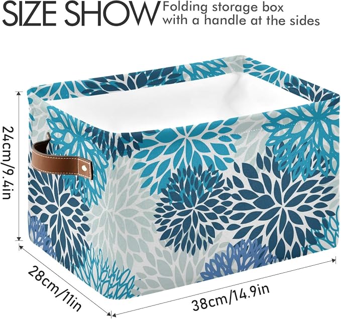 susiyo Large Foldable Storage Bin Blue Navy Chrysanthemum Flowers Fabric Storage Baskets Collapsible Decorative Baskets Organizing Basket Bin with PU Handles for Shelves Home Closet Bedroom-1Pack