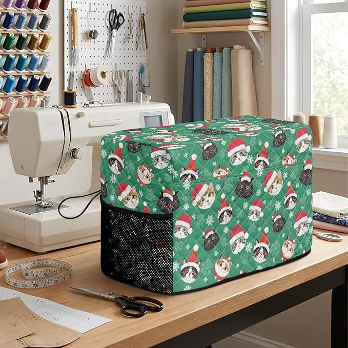 Sewing Machine Cover Polyester Febric Christmas Santa Cat Print | Dust Pet Hair Protection,Quilting Design,Fits Standard Singer,Brother Janome Machines,Protecting Decorating Your Sewing Space