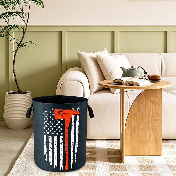 American Flag Red Line Ax Laundry Basket Foldable Waterproof 18.9x16.5 Inch | Oxford Cloth Hamper With Reinforced Handles Lining Large-Capacity Storage For Bathrooms/Laundry Rooms/ Living Rooms/Bedrooms