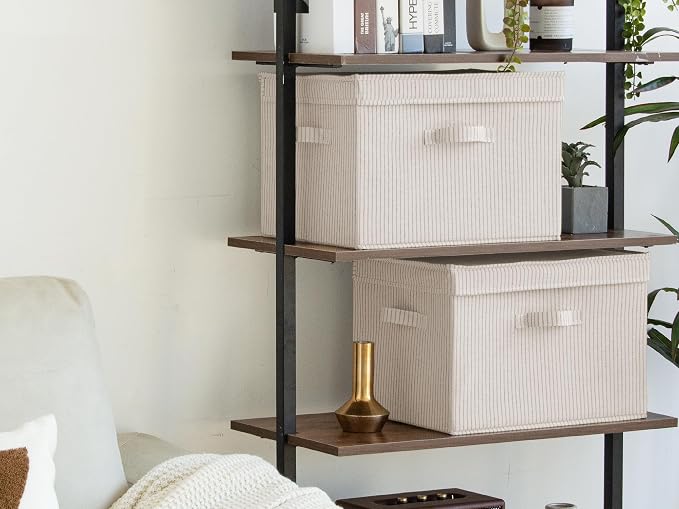StorageWorks Fabric Storage Bins with Lids, Closet Storage Bins | Flip-Top Lid, 3 Handles, Collapsible, Stackable, for Clothes Blankets, Multi-Purpose, Jumbo, Khaki and Beige Stripes, 2-Pack