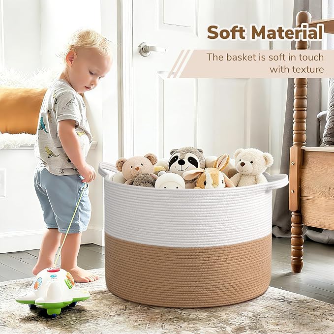 INDRESSME 115L Extra Large Woven Rope Blanket Basket Living Room | 23.6" x 15.7" Storage baskets for toys laundry & pillows. Fits living room, bedroom or nursery décor. Soft-touch with handles