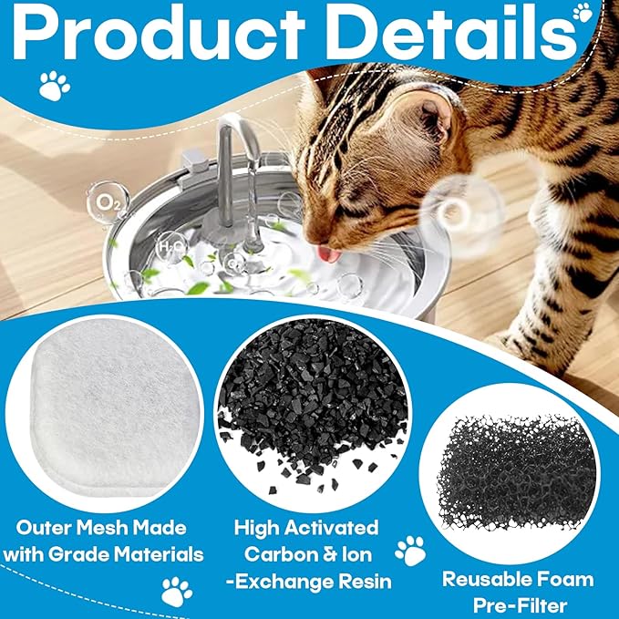 8 Pack Cat Water Filters Replacement for 108Oz/3.2L & 67Oz/2L Stainless Steel Pet Water Dispenser, Cat/Dog Indoor Water Dispenser Fountain for Most Pet Water Fountains 8 Filters & 8 Sponges
