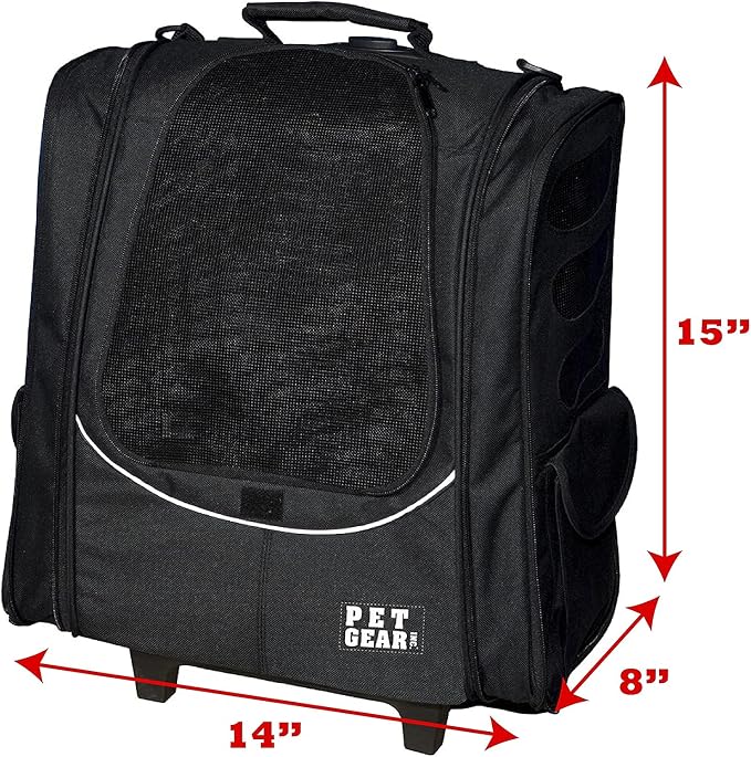 Pet Gear I-GO2 Roller Backpack, Travel Carrier, Car Seat for Cats/Dogs, Mesh Ventilation, Included Tether, Telescoping Handle, Storage Pouch, 2 Models, Available 12 Colors