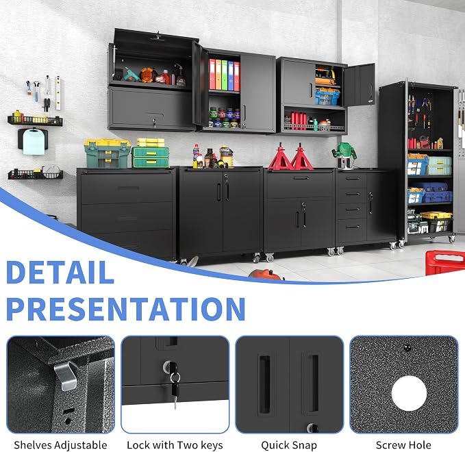 Metal Storage Cabinet for Garage, Tool Cabinet, Utility Cabinet | Wall Mounted, Hanging Tool Cabinet, Lockable, 2 Doors, Adjustable Shelves, Assembly Required, Black