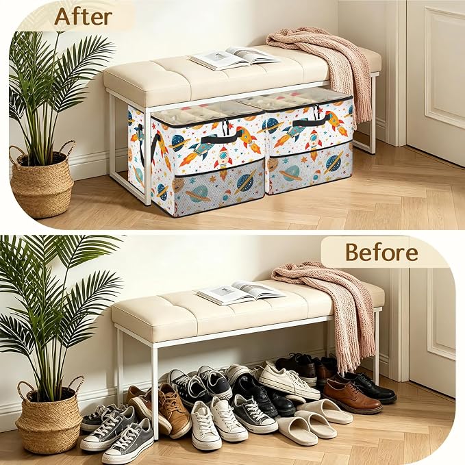 TropicalLife Outer Space Rocket Planets Shoe Organizer for Closet | Foldable Shoe Storage Box Bin 16-32 Pair Shoe Storage for Sneakers, Boots & Heels with Adjustable Dividers, Clear Cover