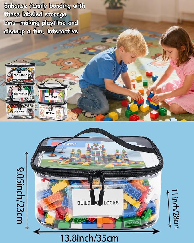 6 Pack Extra Large Clear Toy Storage Bags with Tag & Pocket – Versatile Waterproof Organizer Bags for Lego Bricks, Board Games, Building Blocks, Puzzles, Dolls, Books (Black-XL-Size-6 Pack)