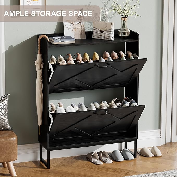 Shoe Storage Cabinet with 2 Flip Drawers, Entryway Cabinet, Black | Slim Shoe Cabinet with Metal Legs, Narrow Farmhouse Shoe Organizer for Entryway, Foyer, Hallway, Wood Shoe Rack with Hook