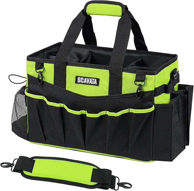 SCAVATA Wearable Cleaning Caddy Bag, Cleaning Caddy Supplies Organizer with Handle & Shoulder Straps for Housekeepers, Under Sink & Car Cleaning Tool Organizers with 4 Foldable Divider (NeonGreen)