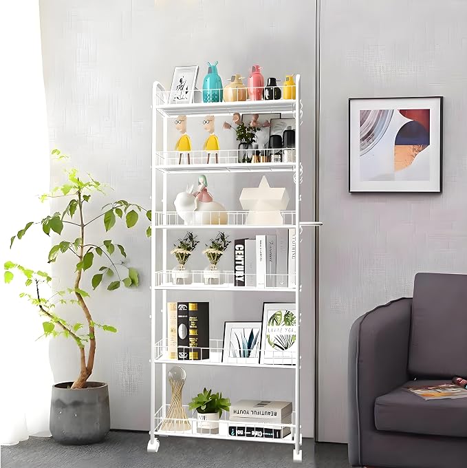 6in 6 Tier Slim Storage Cart with Wheels,Narrow Space Rolling Shelving Unit with Handle, Metal Wire Mobile Organizer Rack for Kitchen Bathroom Office Laundry
