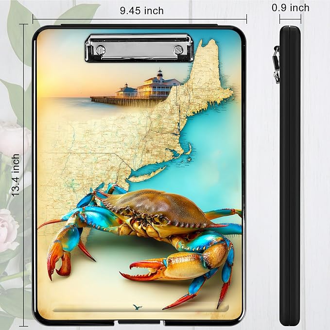 Heavy Duty Storage Clipboard, Slim Nursing Clipboard with Internal Pen Case, Portable File Organizer Case for A4 Letter Size Paper Office Medical Professionals, Map Crab