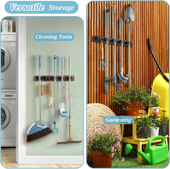 Brown Broom Holder Wall Mount - Heavy Duty Wood Mop and Broom Organizer with 5 Slots & 4 Hooks - Rustic Garden Tool Hanger for Laundry Room Closet Kitchen Garage Storage and Organization