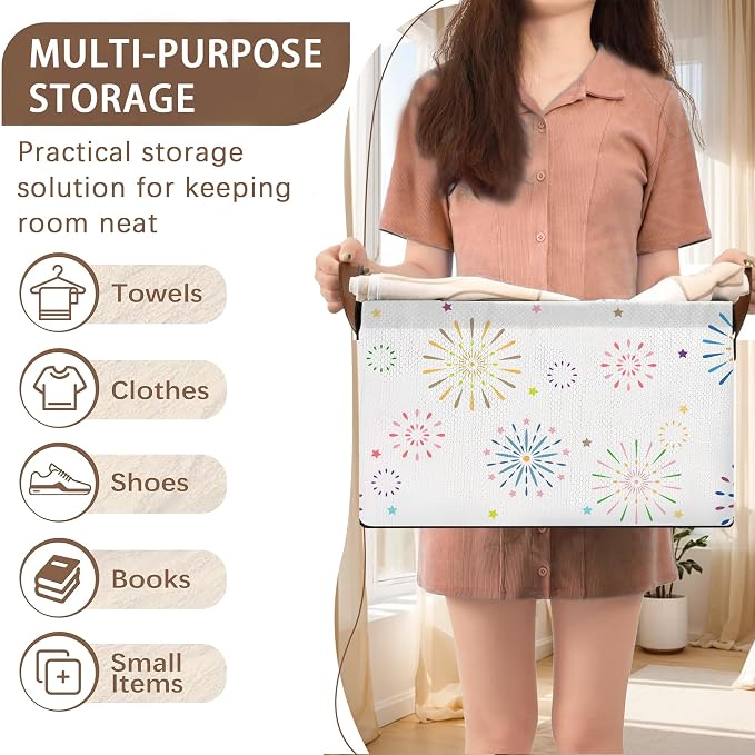 Colorful Fireworks Pattern Collapsible Storage Box - 17x11.5x10.5 Inch Foldable Organizer for Seasonal Decorations, Event Decor, Home Storage - Single Pack