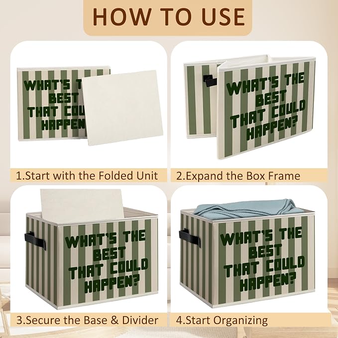 Green Striped Inspirational Foldable Storage Bins Box with Handles, What's the Best That Could Happen Motivational Decorative Storage Boxes Baskets Toybox Organizer for Bedroom Bathroom