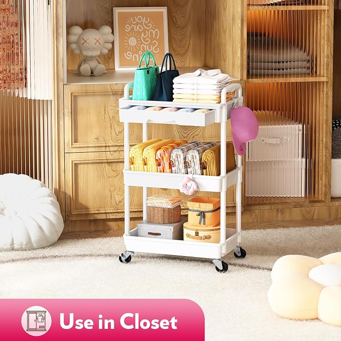 SUNALLY Makeup Cart Organizer with Drawer,3 Tier Rolling Makeup Cart, White | Rolling Vanity Storage for Skin Care Perfume Nail Polish, Floor Skincare Organizers Cosmetics Display Bathroom Storage Cart