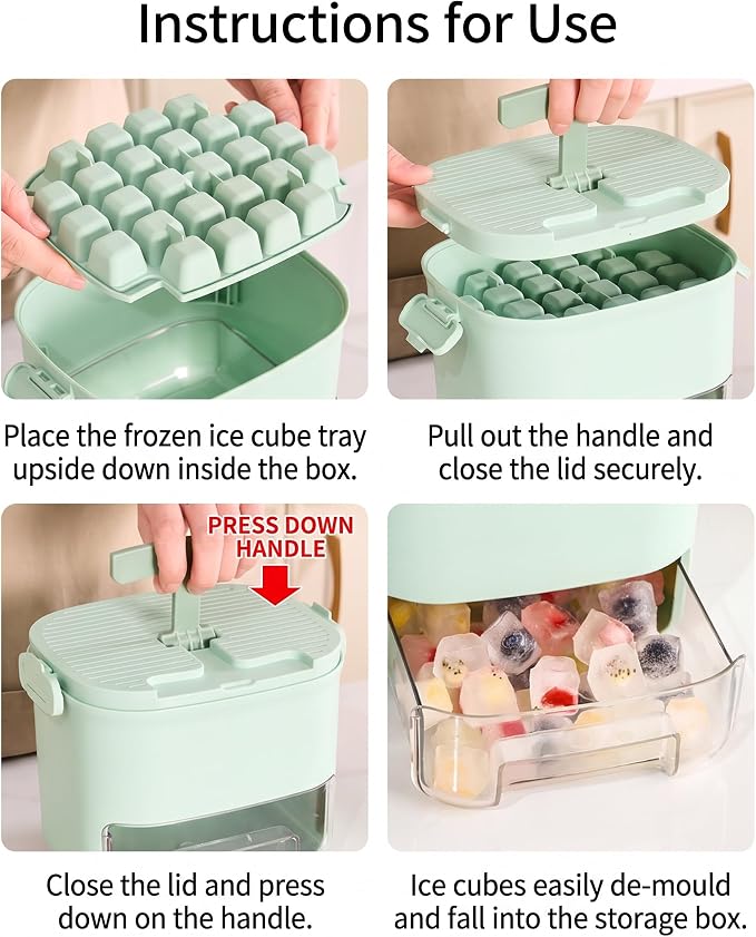 Press-Type Ice Cube Tray 52-Grid Mold with Storage Bin, Mint Green | Food-grade PET, odor-free lid, portable handle, includes scoop, easy release, for freezer, home bar, whiskey, cocktails
