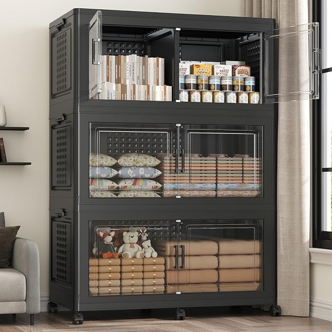120Gal Stackable Storage Bins with Lid 3-Tier Collapsible Cabinet Closet Organizer Box with Wheels, 480QT Large Plastic Drawer Container with Doors for Clothes Kitchen Organizing, Black