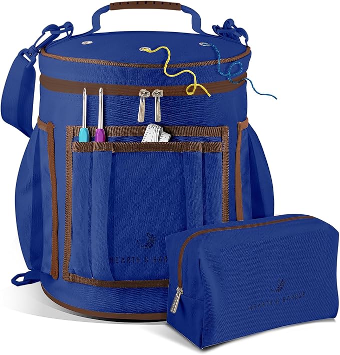 Hearth & Harbor Crochet Bag Organizer – Durable Knitting Bag, Yarn Organizer for Accessories and Supplies, Canvas Yarn Holder, Crochet Carrying Case with Accessories Pouch, Storage Organizer – Blue