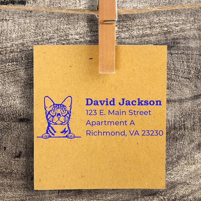 Peeking Bengal Cat Wood Handle Address Stamp - Personalized Rubber Stamp | Address Stamp with Bengal Cat. Custom Address Stamp for Veterinary Offices. Up to 50 characters per line. Nothing to dry out.