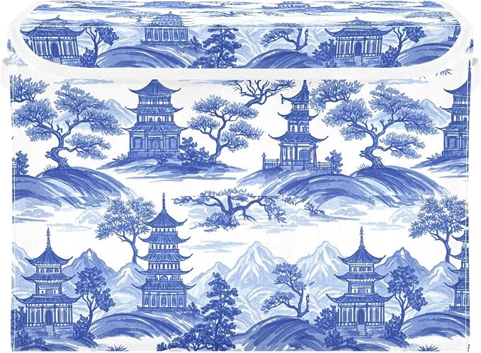 Blue Toile Fabric Storage Bins with Lid Foldable Storage Boxes 40L Baskets | Decorative Storage Boxes, Foldable & Stackable, Dust-Proof Flip Top, Reinforced Handles, For Home & Dorm, Clothes & Toy Box