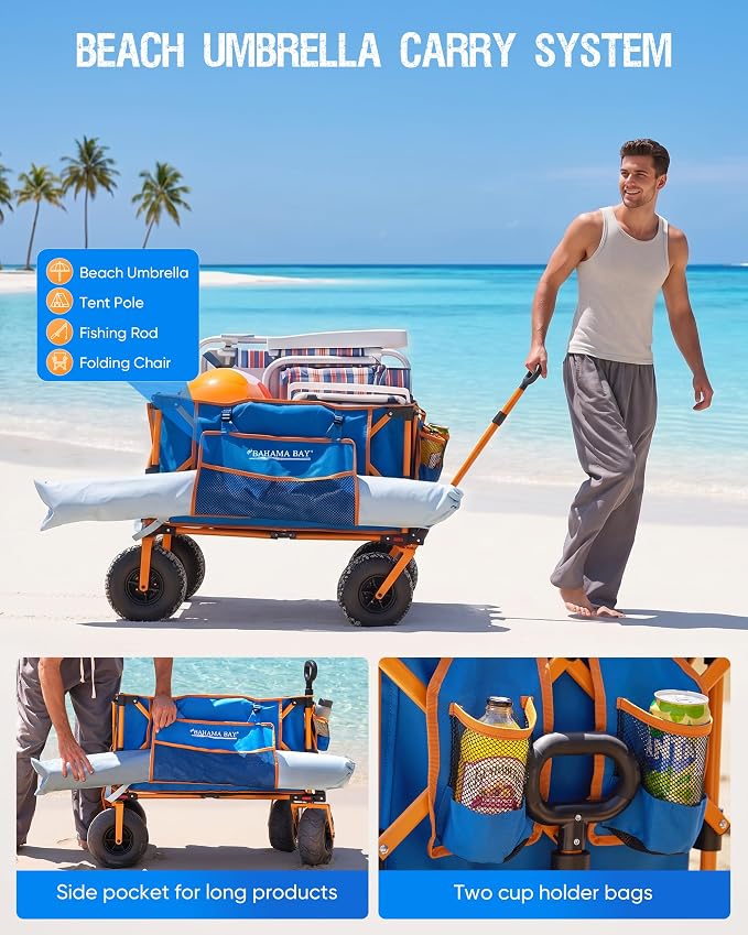 Old Bahama Bay Beach Wagon with Balloon Wheels, Foldable Sand Cart | 9" Balloon Wheels for Soft Sand, Large Capacity Wagon, Umbrella Storage, 330 lb Steel Frame, Quick Fold Design