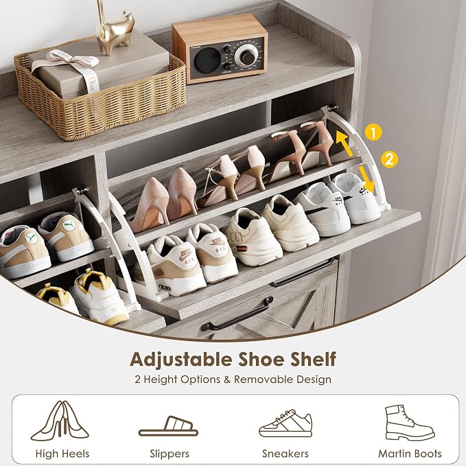 Shoe Cabinet with 4 Flip Drawers, Freestanding Shoe Organizer Cabinet, Farmhouse Narrow Shoe Storage Cabinet for Entryway, Foyer, Hallway