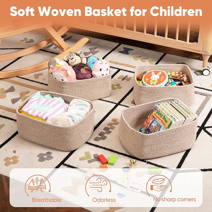 OIAHOMY 4 Pack 14.17 * 11.02 * 6.3IN Storage Baskets for Organizing Shelves, Woven Rope Baskets for Organizing Books, Clothes, Decorative Basket for Living Room, Nursery, Bedroom, Gift Basket, Brown