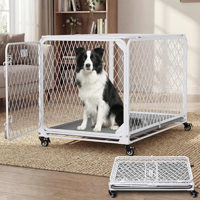 36 Inch Collapsible Dog Crate with Diamond Mesh, No-Tool Assembly Foldable Dog Kennel with 4 Lockable Wheels,Removable Tray,Portable Dog Cage for Medium/Large Dogs, Space-Saving, Indoor Outdoor Use