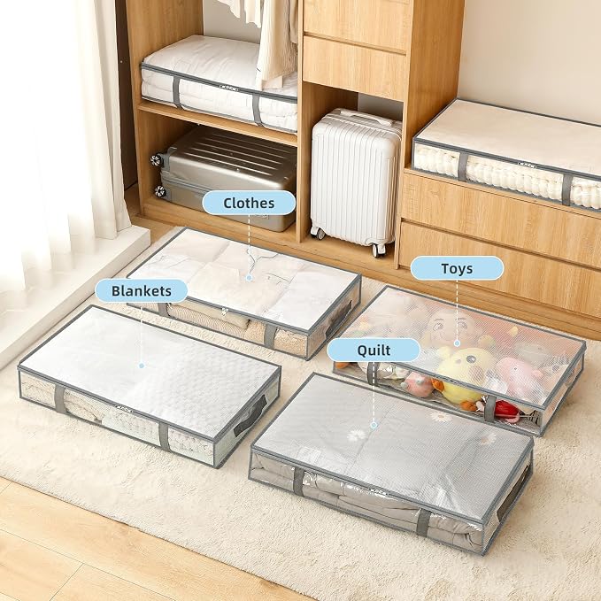 3 Pack Under Bed Storage Bags, Humid-proof Material Plastic Underbed Storage Containers, Blanket/Clothes Storage Bins with Lid, Closet/Bedding Comforter/Sheet Storage and Organizer