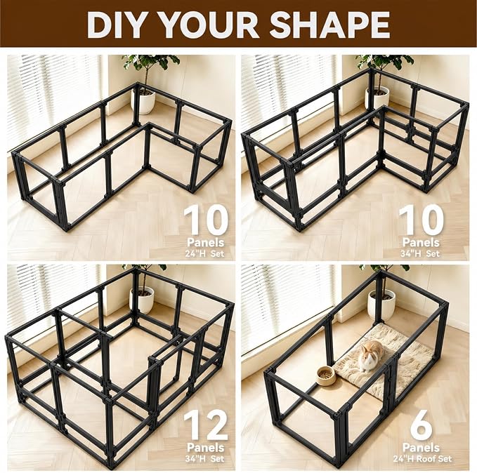 FlexiSpace Adjustable Clear Dog Play Pen, Expandable & Stackable Acrylic Dog Playpen, ONLY Dog Play Pen Indoors Grow with Your Pet Puppy Playpen (Black, 34", 12 Panels)