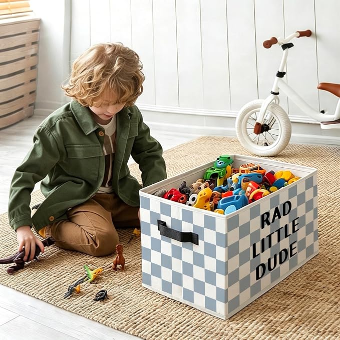 Boy Nursery Rad Little Dude Foldable Storage Bins Box with Handles, Blue and White Checkered Decorative Storage Boxes Baskets Organizer for Boys Nursery Bedroom Playroom Bathroom