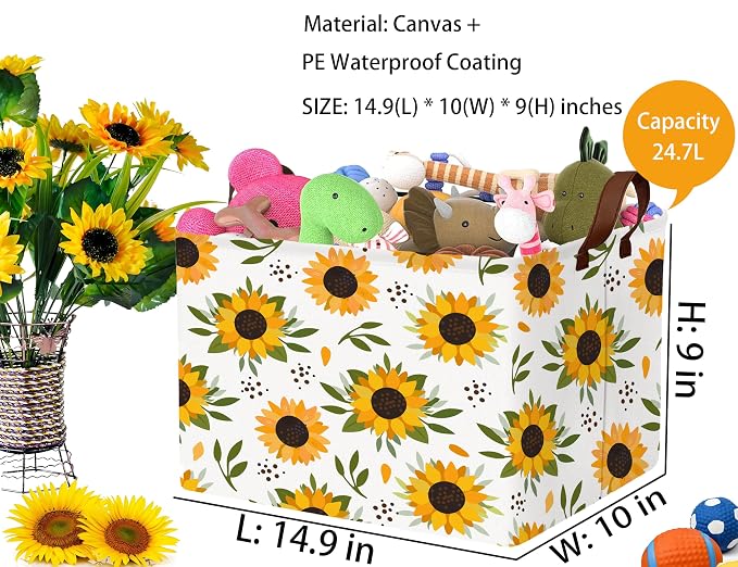 Sunflower Empty Gift Storage Basket Collapsible Canvas Baby Toy Bin Decor(Yellow)