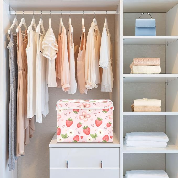 Strawberry Fabric Storage Bins with Lid Foldable Storage Boxes 40L Baskets | Decorative Storage Boxes, Foldable & Stackable, Dust-Proof Flip Top, Reinforced Handles, For Home & Dorm, Clothes & Toy Box