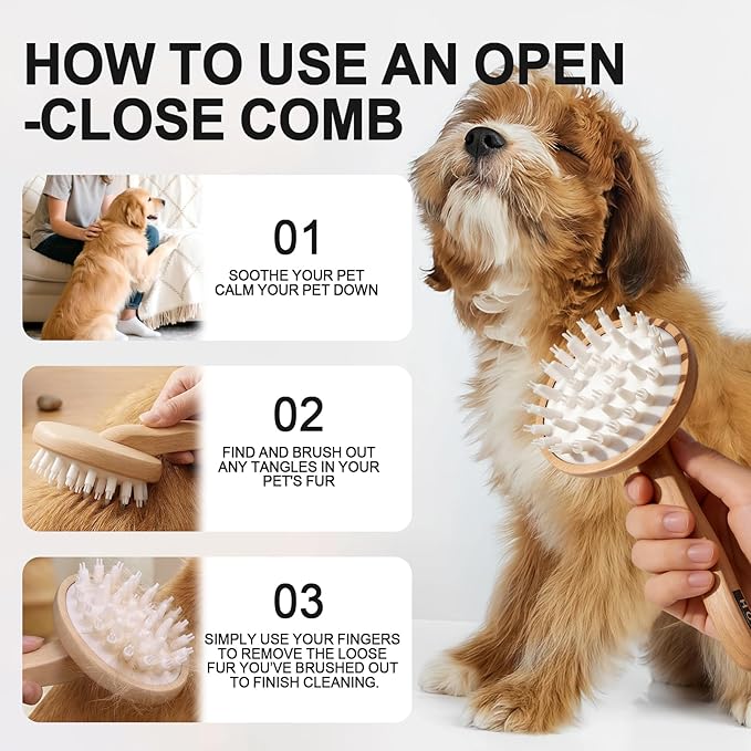 HOP Dog Bath Brush with Wooden Handle Dog Washing Brush Massage Shampoo Brush Cat Deshedding Comb Pet Grooming Tool for Dogs and Cats Remove Loose Hair Deep Cleansing