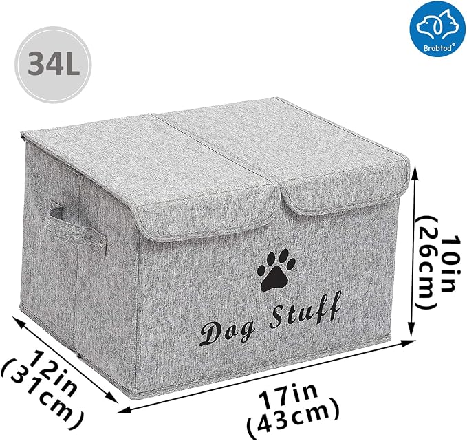 Large Dog Toys Storage Box Canvas Storage Basket Bin Organizer with Lid - Collapsible Linen Bin Ideal for Organizing Dog Cat Toys and pet Stuff-PP Boad-17" x 12" x 10" - Slub Gray
