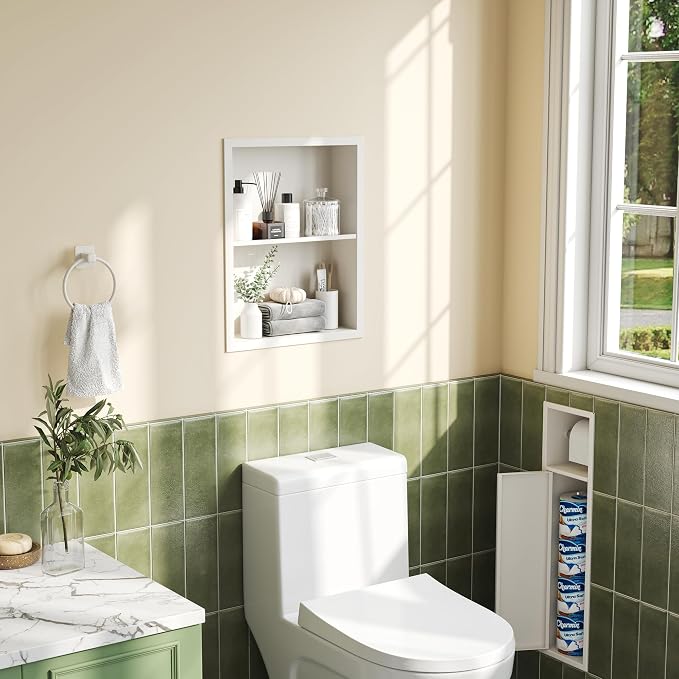 Qeke 14x 18 Medicine Cabinet Recessed with Double Shelves, Matte White | 304 Stainless Steel Medicine Cabinet without Mirror, No Tile Needed Wall Niche for Bathroom Storage, Space Saving & Durable