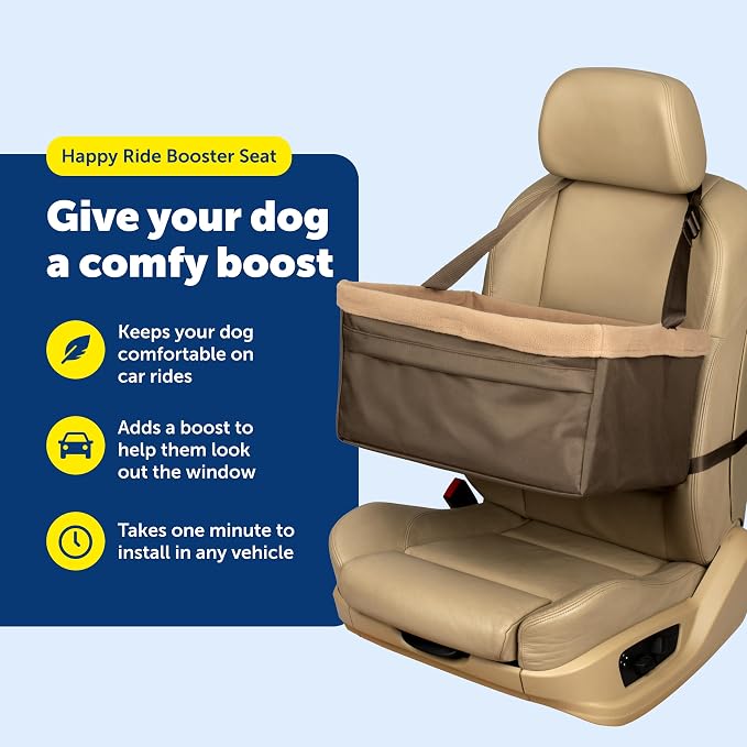 PetSafe Happy Ride Dog Booster Seat, Brown, Up to 25 Lb | Raises Small Dogs to Window Height In Most Cars, Connects to Seatbelt with Safety Tether, Fleece Liner Is Machine Washable