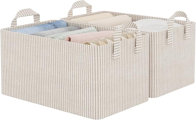 StorageWorks Fabric Storage Bins, Khaki and Beige Stripes, 2-Pack | With Reinforced Soft Handles, Sturdy Metal Frame, Collapsible Basket for Shelves, Closet, Holds Clothes, Towels, Blankets