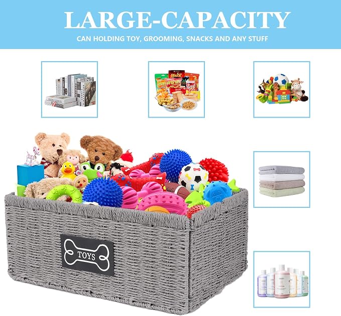 Dog Toy Basket Metal Frame Woven Rattan Foldable Bin, Dog Toy Storage Organizer for Living Room,Entryway,Toy Storage Organizer with Collapsible Rectangular Design,Pet Toy Basket for Dogs and Cats