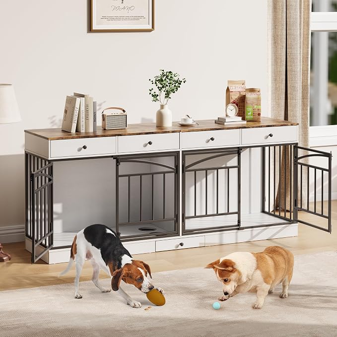 IDEALHOUSE 78.7" Double Dog Crate Furniture with Storage and 4 Doors, White | Dog Kennel Indoor with Feeding Bowls, Wood Dog Crate TV Stand for Small Medium Dogs