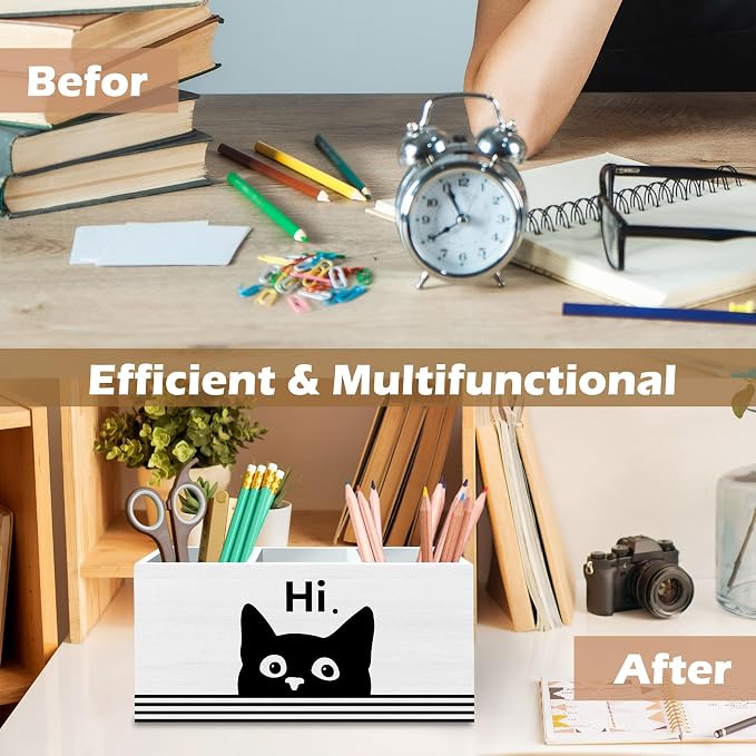 DILSJ Funny Black Cat Pen Pencil Holder Organizer for Desk, Black Cat Lovers Gifts for Women Men, Gifts for Pet Lovers, Hi Funny Kitten Wooden Box Signs for Home Office Desk Tabletop Decoration