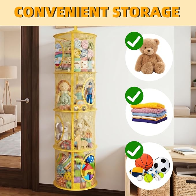 Hanging Stuffed Animal Storage Hammock Net 4 Tiers, Yellow | Hanging Mesh Storage Organizer for Kids Room, Holds Plushies, Gloves, Hats, Socks, Foldable Space-saving Design