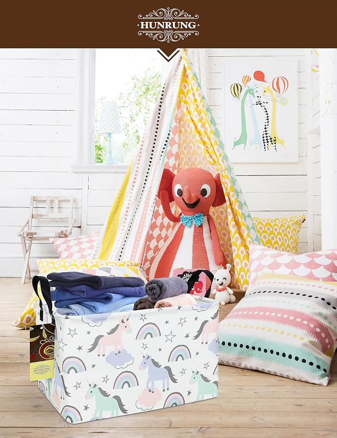 Rectangle Canvas Foldable Storage Basket for Nursery, Star Unicorn | Portable and collapsible cloth receptacle. Stores pet essentials, daily use items