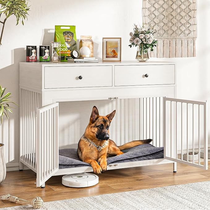 LEMBERI 44 Inch Large Dog Crate Furniture with 2 Storage Drawers, Wooden Dog Kennel Furniture as End Table, Decorative Pet Cage Dog House Indoor for Dogs, White